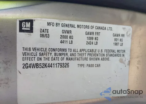 2004 Buick Regal Ls from USA, damaged, VIN 2G4WB52K441179326